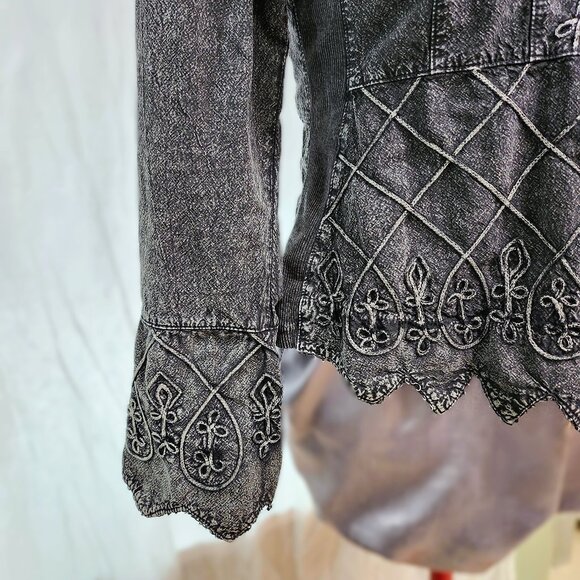 Embroidered & Flourished Denim Blouse w/Scalloped Hem & Wrists - Picture 9 of 11